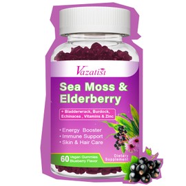 Elderberry Gummies with Sea Moss, Bladderwrack, Burdock, Echinacea, Apple Cider Vinegar, Chlorophyll, Vitamin C, D & Zinc Supplement for Women, Men, Adults and Kids, Blueberry Flavor 60Ct