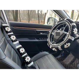YDMZZB Crochet Daisy Steering Wheel Cover, Handmade Steering Wheel Cover for Women,Cute Steering Wheel Cover,Car Accessories (Black Wheel Cover+2 Belt Cover)
