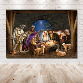 MEHOFOND 7x5ft Nativity Scene Backdrop Starlight Holy Family And Three Kings Religious Belief Photographic Background Bible Story Outdoor Christmas Decoration Church Religious Christian Photo Props