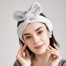 Dofash 2Pcs Cute Rabbit Ear Washing Face Headbands Animal Elastic Hair Bands for Washing Face,Makeup Cosmetic Beauty Hairband for Women Girls（White and Gray