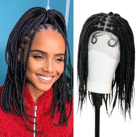 Janyuwool 18" Knotless Box Braided Wigs Full Double Lace Short Braid Wig for Black Women Lace Frontal Human Hair Blended Braided Wig Lace Front Braids Wigs with Baby Hair (Black)