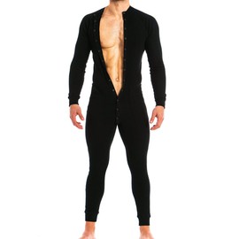 Muscle Alive Mens Long Sleeve Onesie Henley Jumpsuit Stretchy Cotton Ramper Black L