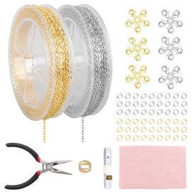 Fesorsi 60ft Steel Chain for Jewelry Making, Plated Chains 2 Rolls Extender Link with Lobster Clasps Jump Rings and Plier, DIY Chains Bulk Making for Bracelet Necklace Anklet Earring (Gold & Silver)