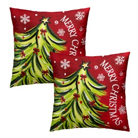 Merry Christma Tree Red and Green Throw Pillow Cover 18x18 Inch Pack of 2 Winter Snowflakes Xmas Cushion Pillow Case Square Holiday Farmhouse Pillowcase for Party Bed Sofa Home Car Bedroom Outdoor