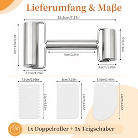 Mattarello Acciaio Inox, Doppio Mattarello per Ravioli con 2 Rulli e 3 Spatole, Accessori da Forno Antiaderenti per Pizza, Fondente, Biscotti