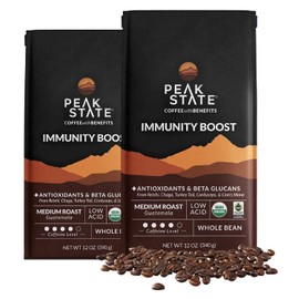 Peak State Coffee with Benefits - Mushroom Coffee Organic Coffee Beans - IMMUNITY BOOST Medium Roast - Low Acid Coffee - Mold Free, Vegan, Paleo, Dairy & Gluten-Free (2 x 12 oz Bags, Whole Bean - $1.14/cup)