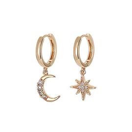 Star Moon Huggie Hoop Earrings S925 Silver Celestial huggie Dangle Hoop Earrings Asymmetrical CZ Drop Earrings