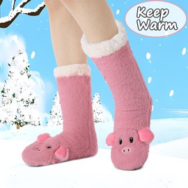 Laahoem Animal Slipper Socks for Girls Women Indoor Shoes With Grippers Winter Warm Thick Plush Lining Non Slip Long Boots Furry Home Socks Pink Pig