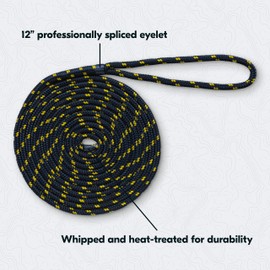 Montauk Rope Dock Line – 3/8" x 15 Foot Double Braided Polyester with 12" Spliced Eye – Navy with Yellow Tracer – Durable Mooring Rope for Small Boats and Pontoons
