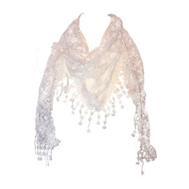 Pamper Yourself Now Creamy white with white glittery flower lace triangle scarf with lace trim