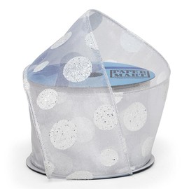 Glitter Dots On Sheer Wired Ribbon, 2 1/2" X 10YD, Large Wedding Dots, White, Roll 1 Christmas