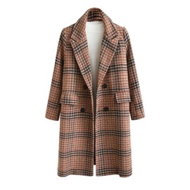 CHARTOU Women's Winter Oversize Lapel Collar Woolen Plaid Double Breasted Long Peacoat Jacket (Medium, Camel)