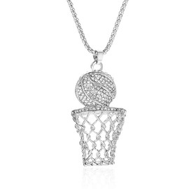 YOOESTORES82 Basketball Chain Necklace Basketball Necklace,14k Gold Basketball Pendant Necklace Hiphop Rhinestone Basketball Hoop Sports Necklace (Silver)