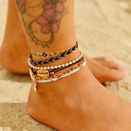 Jovono Boho Multilayer Anklet with Beads, Shells, Beach Beads, Foot Jewelry for Women and Girls (Pack of 5), Pearl shell