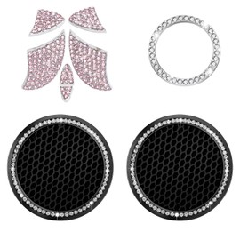Bling Crystal Car Cup Holder Coaster Engine Start Stop Button Cover Compatible with Toyota MARKX,Camry,Highlander,Corolla,RAV4 Shiny Diamond Car Logo Emblem Sticker Interior Accessories Set,Pink