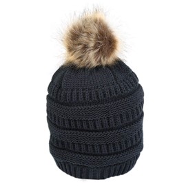 Women Winter Warm Beanie Hat Knitted Faux Fur Pom Pom Hat Bobble Hat Chunky Beanie Hat Wool Crochet Knit Hat Beanies Thickened Fleece Lined Thermal Skiing Hat with Black Headband