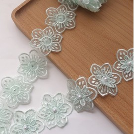 Simpless 3Yards Green Flower Lace Pearl Trim,Embroidered Sewing Lace Applique for DIY Sewing Crafts Wedding Dress Home décor