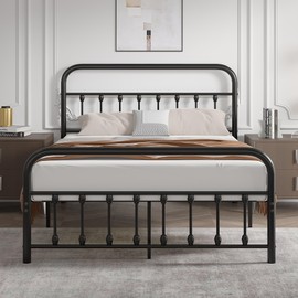 VECELO Full Size Victorian Style Metal Bed Frame with Headboard Classic Metal Platform Bed Frame Mattress Foundation with Footboard/Under Bed Storage/No Box Spring Black