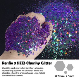 Renfio Chameleon Chunky Glitter, Mixed Fine Powder Color Shift 1.75 Oz (50g) PET Flake Purple Green Orange Glitters Sequin Resin Pigment Chip Dust for Slime Painting Craft Hair Nail - Colorful Party