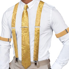 Barry.Wang Gold Suspenders for Men Paisley X Type Necktie Armbands Tie Clip Set Formal Gatsby Costume Wedding Party Prom