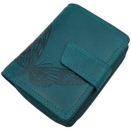 Small Genuine Cowhide Leather Women's Wallet / Purse / Purse in Portrait Format with Butterfly Motif or without Motif with RFID & NFC Protection, petrol, Modern