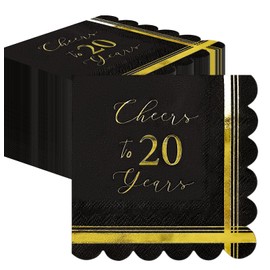 SietDESEO 50 PCS 3-ply 20th Birthday Scalloped Napkins Disposable 5 x 5 Inches Cheers to 20 Years Paper Napkins Black and Gold Cocktail Napkins for Birthday Anniversary Party Supplies Beverage Napkins
