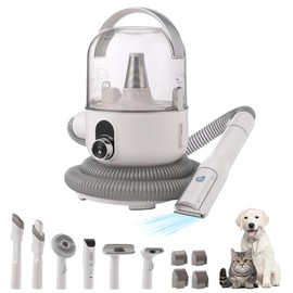 IDEALHOUSE Dog Hair Vacuum and Grooming Kit, 2L Dust Cup with 5 Grooming Tools, High Suction Power for Shedding Pet Hair, Low Noise for Stress-Free Grooming, Home Cleaning, White and Grey