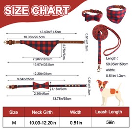 HACRAHO Dog Collar and Leash Set, 3 PCS Convenient Classic Plaid Dog Bow Tie and Dog Bandana Collar Tangle Free Dog Leash Adjustable Collars for Small Medium Large Dogs Cats, M