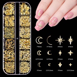 12 Grids Gold Nail Charms Star Moon Metal Nail Art Charms Mixed Shape 3D Alloy Nail Supplies Hollow Stars Nail Jewelry Charms Cute Nail Art Studs for Women DIY Craft Nail Decorations Accessories