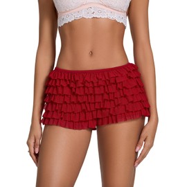 Women Lace Layered Micro Shorts Cotton Soft Y2k Cute Fairy Pajamas Bottoms Low Rise Bloomers Panties (Red, L)