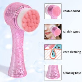 Beomeen Face Brush 2 in 1, Facial Cleansing Exfoliating Brush with Ultra Fine Soft Bristles for Pore Deep Cleansing Silicone Double Side Face Wash Scrub Brush for Skin Care, Ice Flower Pink