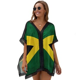 Guhothli Jamaica Flag Women's Swimsuit Coverups Bikini Beach Swimwear Cover Up V-Neck Bathing Suit Cover Up Top Tunic