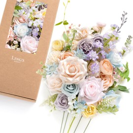 Ling's Moment Fake Flowers Box, Faux Artificial Greenery Stems Foam Roses Silk Lilac for Wedding Decor Centerpieces Table Decorations Floral Arrangements, Powder Blue & Champagne Pink, Deluxe Combo