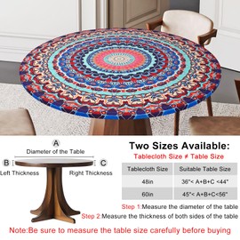 ASTNIC Round Tablecloth, Waterproof Elastic Edged Fitted Vinyl Table Cloth Washable Oil-proof Mandala Table Protector Cover for Dinning Room Kitchen Picnic (Fit 36"-44" Round Table)