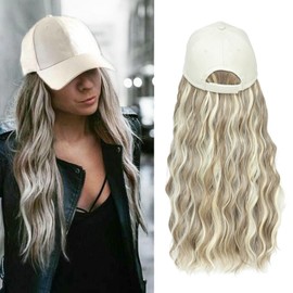 Yunkang Hat Wig Baseball Cap With Long Wavy Hair Extensions Attached Heat Resistant Synthetic Fiber Hair Replacement Wigs in Hat for Woman Girls (Mblonde white, 20inch)
