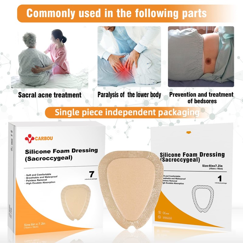 Carbou Wound Dressing Sacrum Silicone Foam Dressing, 6''x7''(15cm x18cm) Bordered