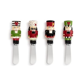 DEMDACO Festive Holiday Serving Utensil Christmas Butter Knife Cheese Spreader 4.5 Inch Ceramic Stoneware and Stainless Steel Heartful Nutcracker Assorted Set of 4