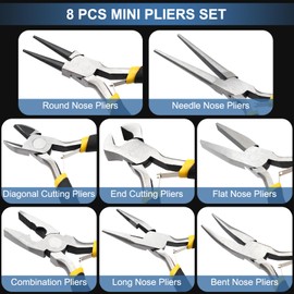 MFBJXC 8Pcs 4.5 Inch Mini Pliers Set,Long Nose Pliers,Diagonal Pliers,End Cutting Pliers,Bent Nose Pliers,Combination Pliers,Flat Nose Pliers,Needle Nose Pliers,Round Nose Pliers for Jewelry Making