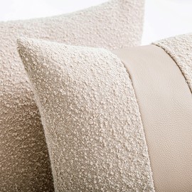 SINYASAN 18"x18" Oatmeal Boucle Throw Pillow Covers with Faux Leather Accents Set of 2 Fluffy Textured Decorative Pillow Cases for Couch Bed Boho Farmhouse Square Cushion Covers for Nordic Home Décor