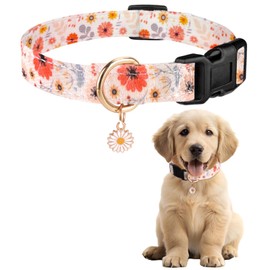 Summer Dog Collar, Colourful, Flower & Dinosaur Design Dog Lead with Quick Release Plastic Buckle, Comfortable Cotton Collar for Boys and Girls Dogs (Flowers, S (Neck: 24-40 cm))