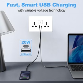 Electrical Double Switched Power Wall Plug Socket with Two USB Charging Ports, White Moulded, 13A, 20W USB C, White