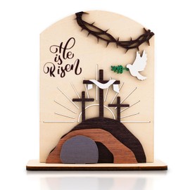 He is Risen Wooden Easter Decor – Christian Resurrection Scene with Empty Tomb & Cross, Religious Table Decorations for Home, Church, Office, Shelf, Desk, Tiered Tray – Catholic Easter Gifts