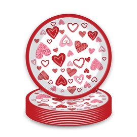 HANSAMU 24 Pcs Valentine Paper Plates Red Heart Printed Round Disposable Plates Dinnerware for Valentine's Day Dinner Birthday Party Supplies 9”