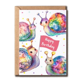 BMSDesigns Disco Ball Snail Birthday Card - Kids Bday Card - 5 x 7 inches - Multicolor Cartoon Style