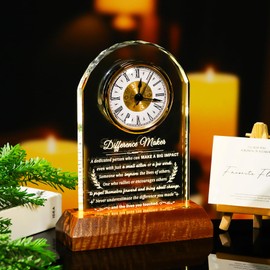 Difference Maker Glass Clock Gifts, Thank You Gift for Coworker Boss Mentor Leader Teachers Employee with Wooden Light Base, Crystal Difference Maker Plaque Appreciation Keepsake for Women Men