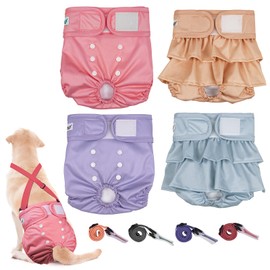 Dono Washable Female Dog Diapers with Suspenders 4 Pack, Reusable Highly Absorbent Dog Period Diapers, Puppy Diapers with Fur-Safe Fasteners, Leak-Proof Doggie Panties for Heat, Small