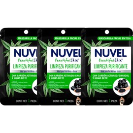 Nuvel Mascarilla Facial en Tela Limpieza Purificante, para Piel Mixta o Grasa, Con Carbón Activado y Té Verde, Paquete con 3 Piezas