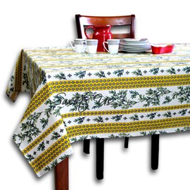 La Cigale Wipeable Tablecloth Spill Resistant Acrylic Coated Floral Cotton French Provencal Tablecloth for Rectangle Tables 60x78 inches Yellow White Floral Oliviers