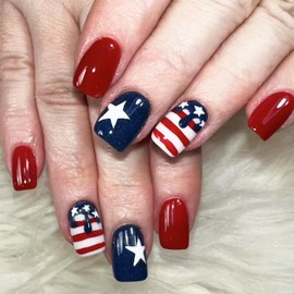 24Pcs 4th of July Nails Short Press on Nails Independence Day Fake Nails with Designs Patriotic Flag Star Acrylic Nails 4th of July Glue on Nails Square Shaped Holiday Stick on Nails for Women Girls