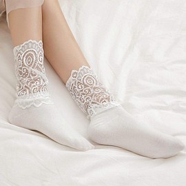 MoonyLI 2 Pairs Women's Cotton Extra Warm Winter Crew Boot Socks Lace Socks with Ruffle Lace Top Cotton Casual Socks, 2#, Einheitsgröße